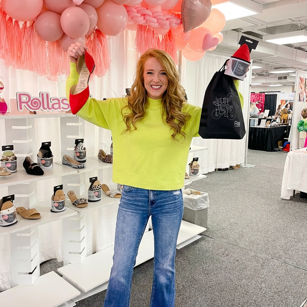 Post showing a shoe brand's booth with sandals and heels