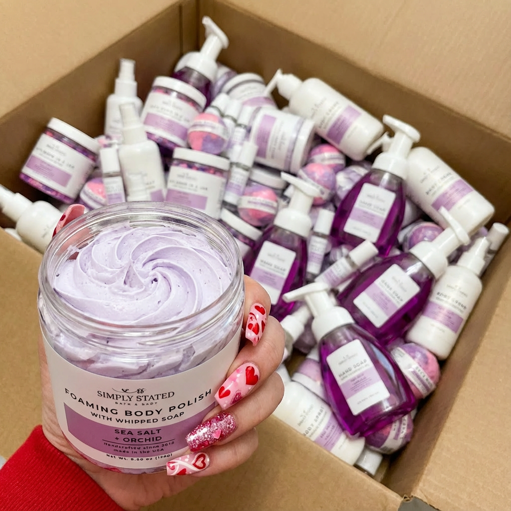 Post showing a body care brand's jar held over a full case
